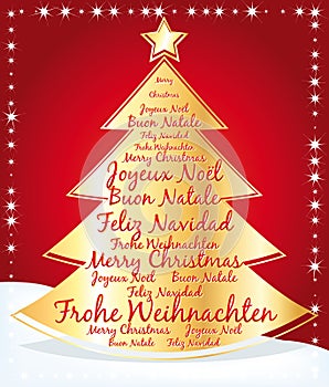 Beautiful christmas tree with greetings in several languages.