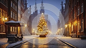 A Beautiful Christmas Tree Illuminates the Old Town on a Wintry Night