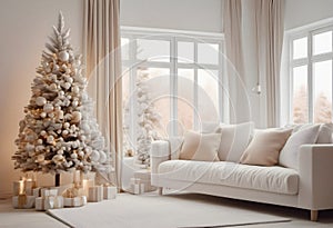 Beautiful Christmas tree in the interior of a white room with a sofa.