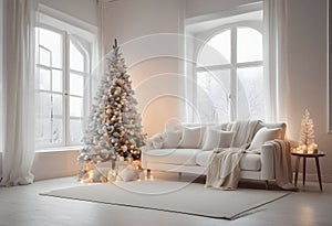 Beautiful Christmas tree in the interior of a white room with a sofa.