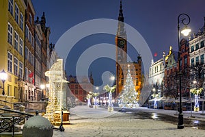 Beautiful Christmas tree in the old town of Gdansk at wintery night. Poland