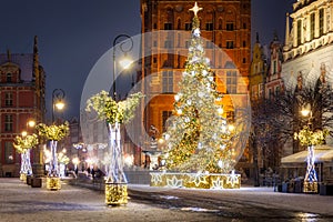 Beautiful Christmas tree in the old town of Gdansk at wintery night. Poland