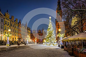 Beautiful Christmas tree in the old town of Gdansk at wintery night. Poland