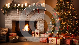 Beautiful Christmas tree with presents near fireplace in room