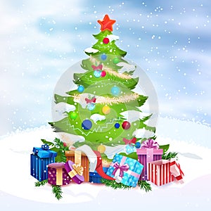 Beautiful Christmas Tree Presents On Snow Over Natural Sky Background Holiday Decoration Design