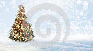 Beautiful Christmas tree on snow, blurred view. Banner design with space for text
