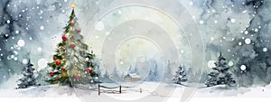 Beautiful Christmas tree in winter landscape with snow. Watercolor illustration for design, print