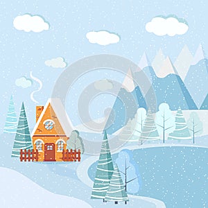 Beautiful Christmas winter lake landscape background with mountains, snow, trees, spruces, country cartoon house