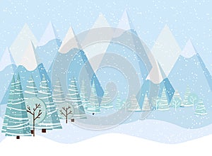 Beautiful Christmas winter landscape background with mountains, snow, trees, spruces in cartoon flat style