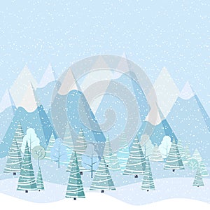 Beautiful Christmas winter landscape background with mountains, snow, trees, spruces in cartoon flat style