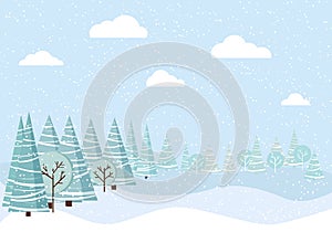 Beautiful Christmas winter landscape background with snow, trees, clouds, spruces in cartoon flat style