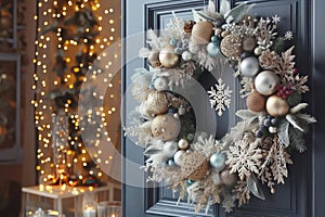 Beautiful Christmas wreath hanging on entrance door. Open door with elegant pastel colors wreath and view to home