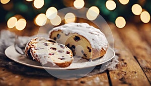 Beautiful christstollen German style christmas cake with christmas tree and copy space