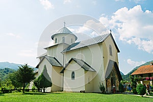 Beautiful Church building in Orthodox manastery Moraca, Montenegro mointains, valley of the river Moraca. Crna Gora