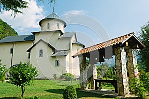 Beautiful Church building in Orthodox manastery Moraca, Montenegro mointains, valley of the river Moraca. Crna Gora
