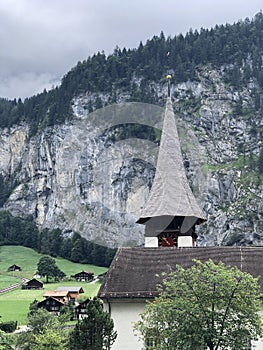 Beautiful church in Lauterbrunnen valley, Swiss Alps, Switzerland, summer 2022