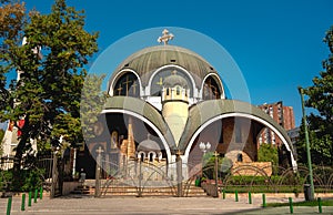 Beautiful Church of Saint Clement of Ohrid against the blue sky in North Macedonia