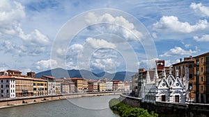 The beautiful Church of Santa Maria della Spina and the river Arno in Pisa, Tuscany, Italy