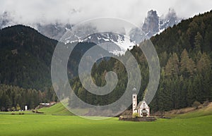 Beautiful Church of St John of Nepomuk Chiesetta di San Giovanni in Ranui, Val di Funes, Dolomites