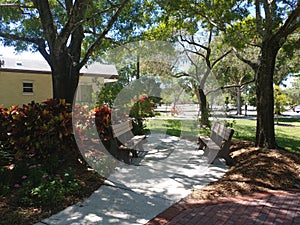 Beautiful church yard under majestic oak trees.