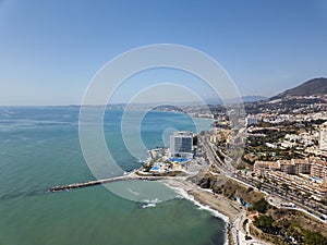 Beautiful and cinematic aerial Landscape View of Benalmadena City , Malaga , South of Spain.