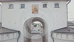 Beautiful cinematic shot of the golden dome on the gate in the city of Vladimir