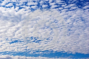 Beautiful cirrus fluffy clouds on a blue sky background