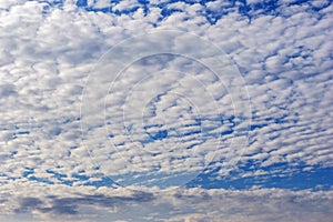 Beautiful cirrus fluffy clouds on a blue sky background