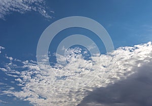 Beautiful cirrus fluffy clouds on a blue sky background