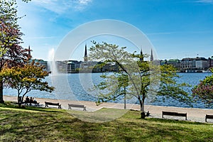 The beautiful city center of Hamburg with Alster River lake - CITY OF HAMBURG, GERMANY - MAY 10, 2021