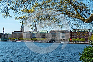 The beautiful city center of Hamburg with Alster River lake - CITY OF HAMBURG, GERMANY - MAY 10, 2021