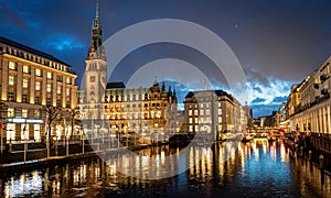 Beautiful city center of Hamburg at night