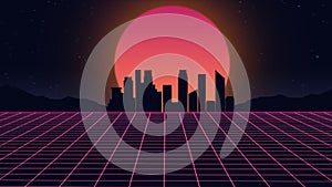 Beautiful city evening, sunset, synth wave and retro wave, vaporwave futuristic aesthetics photo