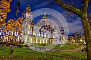 The beautiful City Hall of Belfast illuminated at twilight