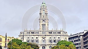 Beautiful City Hall of Porto against the cloudy sky in Portugal