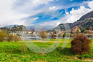 Beautiful city on lake. Lake Maggiore with the town of Laveno, Italy