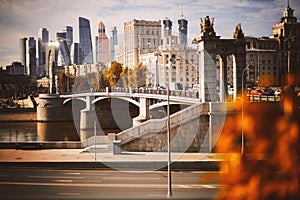 Beautiful city landscape. Moscow is the capital of Russia. River and city bridge view
