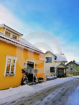 Beautiful city of Larvik Norway during winter. Sunny and bright day in Scandinavia.