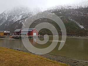 The beautiful city of MosjÃÂ¸en in Northern Norway with the river Vefsn river