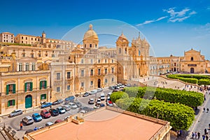 Beautiful city of Noto, Italian Baroque Capital. View of the Cathedral in the city center. Province of Syracuse, Sicily, Italy