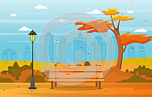 Beautiful City Park in Fall Autumn with Building Skyline Illustration