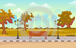 Beautiful City Park in Fall Autumn with Building Skyline Illustration