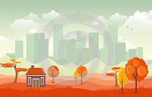 Beautiful City Park in Fall Autumn with Building Skyline Illustration