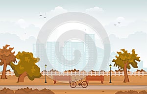 Beautiful City Park in Fall Autumn with Building Skyline Illustration