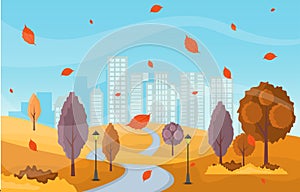 Beautiful City Park in Fall Autumn with Building Skyline Illustration