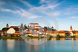 Beautiful City Ptuj in Slovenia at River Bank with Castle on Hilltop