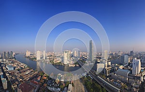 beautiful city scape from sky scrapper in heart of bangkok capital of thailand ,with important office building and chaophraya riv