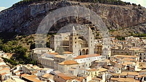 Beautiful city on top of a mountain in province. Action. View of the valley. Top view of the ancient European city at