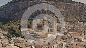 Beautiful city on top of a mountain in province. Action. View of the valley. Top view of the ancient European city at