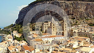 Beautiful city on top of a mountain in province. Action. View of the valley. Top view of the ancient European city at